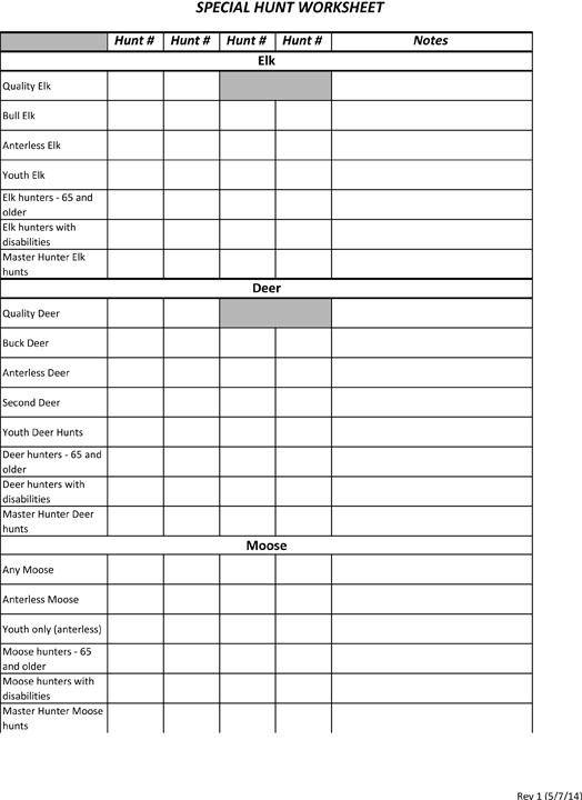 Washington Special Hunt Work Sheet - Snake River Hunting Club