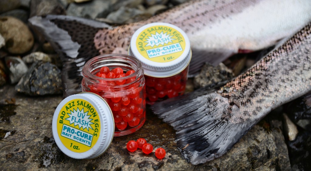 Pro-Cure jars of single salmon eggs with UV are a great trout bait -Jason Brooks